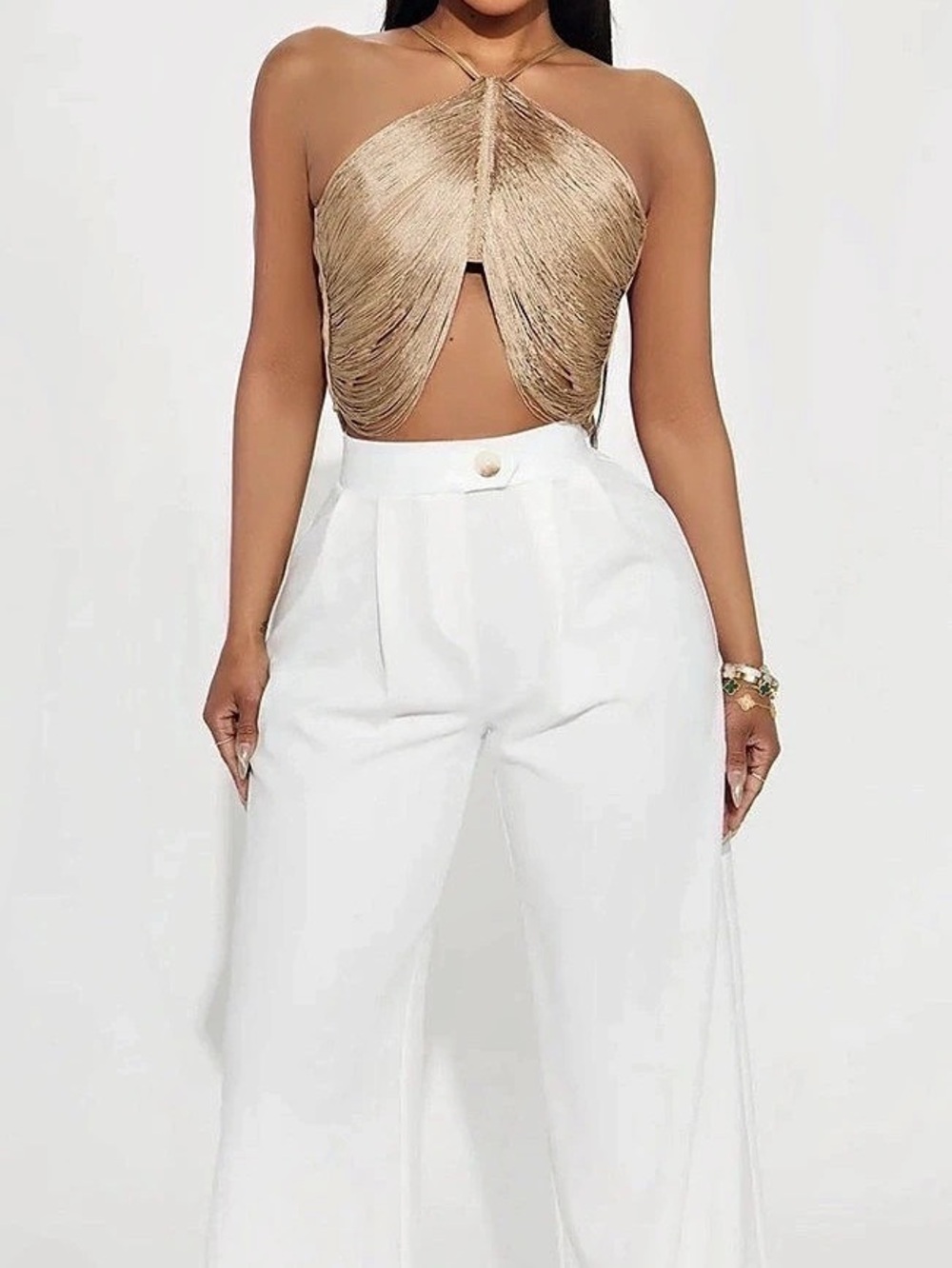 Fashion Nova DESIGN Fringe Draped Halterneck Top in Gold Crop Top Brown & Gold